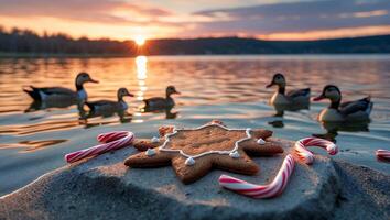 Ducks Swimming Past Star Cookie and Candy Canes at Sunset photo