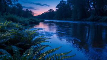 River Flows Through Forest at Twilight with Ferns in Foreground photo