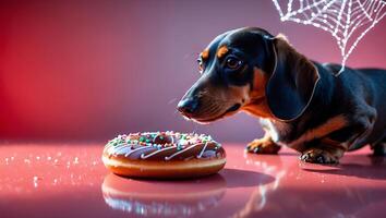 Small Dog Staring at Sprinkled Doughnut with Curiosity and Anticipation photo