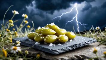 Olives Piled on Stone Slate with Salt and Lightning Background photo