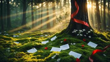 Tree Surrounded by Moss in Sunlit Forest with Floating Papers photo