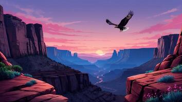 Eagle Flying Over Grand Canyon Landscape at Sunset with Colorful Sky photo