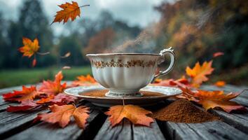 Hot Tea with Autumn Leaves on Wood in Relaxing Setting photo