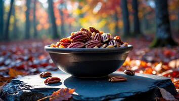 Pecan Nuts in Bowl Autumnal Forest Setting Food Still Life photo