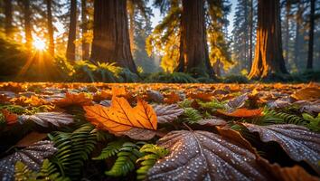 Forest Floor Covered in Autumn Leaves with Sunlight Streaming Through Trees photo