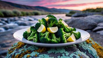Broccoli and Lemon on Plate Beside Mountain River at Sunset photo