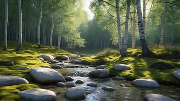 Stream Flowing Through Forest with Mossy Rocks and Birch Trees photo