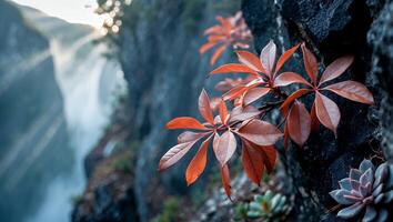 Orange Leaves on Rock Cliff Overlooking Valley with Mist and Sunlight photo
