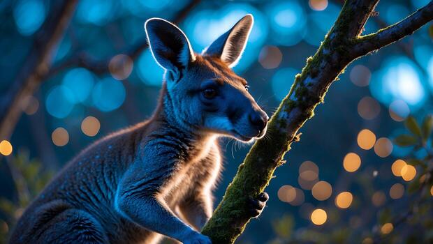 Kangaroo Resting on Tree Branch at Night with Bokeh Lights photo