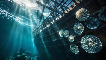 Shipwreck Undersea with Sunlight Rays and Round Coral Growth photo