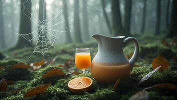 Pouring Orange Juice in Forest Setting with Moss and Cobweb photo