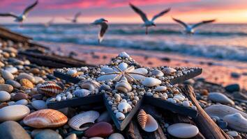 Seashell Star Decor on Pebble Beach with Birds at Sunset photo