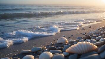 Seashells and Pebbles on Sandy Beach with Gentle Waves at Sunset photo