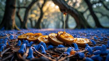 Honey Drizzling on Sliced Food in Forest with Blue Flowers photo