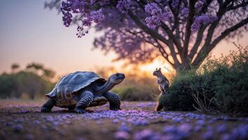 Tortoise and Squirrel Meeting in a Flower-covered Field at Sunset photo