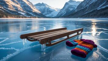 Sled on Frozen Lake with Mittens and Mountain Backdrop Scenery photo