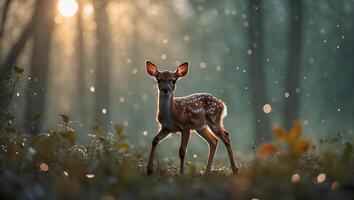 Fawn Standing in Forest Glade with Sunlight Streaming Through the Trees photo