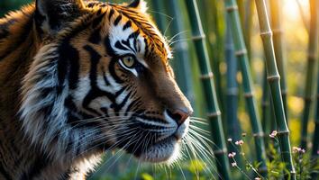Tiger Resting in Bamboo Forest at Golden Hour Seeking Adventure photo