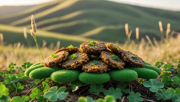 Arrangement of Tempeh Slices with Clover Decoration in Natural Setting photo