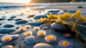 Flowers and Seaweed on Sand Beach with Ocean Sunset Background photo