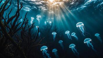 Jellyfish Floating Underwater with Sun Rays in Deep Ocean Scene photo