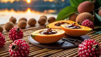 Arrangement of Exotic Fruits with Dark Filling on Bamboo Mat photo