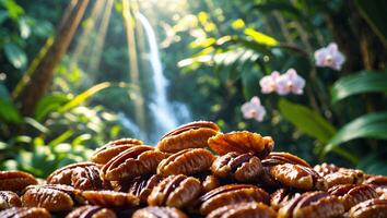 Pile of Pecan Halves in Lush Green Forest with Waterfall photo