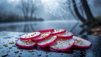 Sliced Radishes with Sesame Seeds on Wet Surface Against Misty Backdrop photo