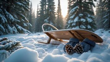 Sled and Winter Accessories in Snowy Forest Landscape with Warm Light photo