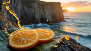 Orange Slices with Juice Splash on Leafy Cliff at Sunset photo
