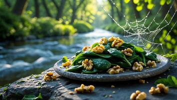 Serving Spinach and Walnuts Plate by River in Forest Setting photo