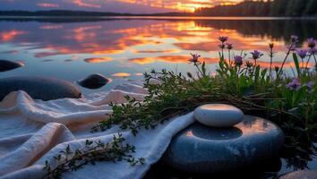 Calm Lakeside Scene with Sunset Reflection, Stone, Cloth and Wildflowers photo