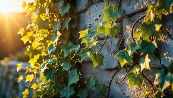 Ivy Growing on Stone Wall with Insects and Golden Sunlight photo