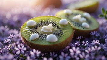 Fresh Kiwi Fruit Slices Topped with Cream in a Flower Field photo