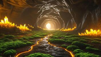 Exploring Underground Cave with Glowing Crystals and Mossy Floor Path photo