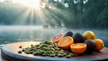 Arrangement of Seeds and Citrus Fruits on Wooden Surface with Lake photo