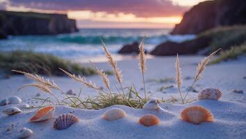Seashells and Beach Grass at Sunset by the Ocean Shore photo