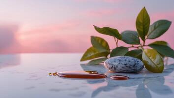 Spa Stone and Plant with Essential Oil on Marble Surface at Dawn photo