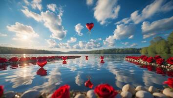 Floating Hearts and Roses on Serene Lake Under a Cloudy Sky photo