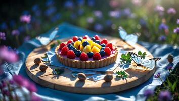 Fruit Tart Dessert on Wood Plate with Butterflies in Meadow photo