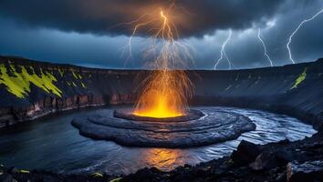 Dramatic Lightning Storm Over Volcanic Crater Lake with Flowing Water photo