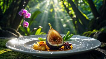 Fig Dessert on Plate with Exotic Background and Light Rays photo