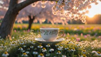Elegant Tea Cup on Saucer in Field of Daisies at Sunrise photo