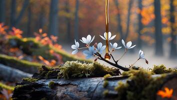 Honey Drip on Wildflower in Autumn Forest Scene with Mossy Log photo