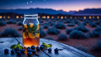 Infused Drink with Blueberries and Citrus on Rustic Table at Dusk photo
