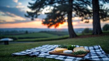 Cheese Picnic in the Park with Sunset Sky and Lush Greenery photo