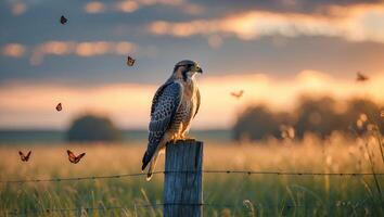 Hawk Perched on Fence Post at Sunset with Butterflies Flying photo