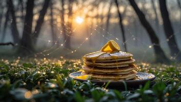 Stack of Pancakes with Lemon in Foggy Forest at Sunrise photo