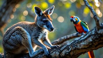 Wallaby and Parrot Perched on a Branch Amidst Natural Setting photo