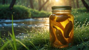 Jar of Pickled Cucumbers by River on Grassy Bank at Sunset photo